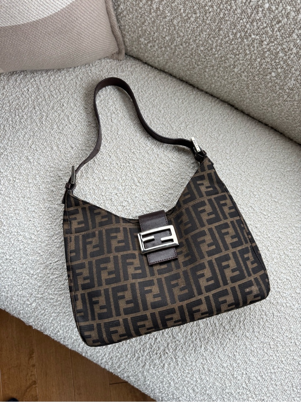 Fendi Dark Brown Zucca FF Canvas Shoulder Bag with Silver Buckle